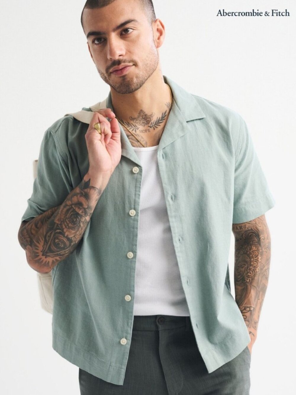 Abercrombie & Fitch Summer Linen-Blend Camp Shirt Sage L